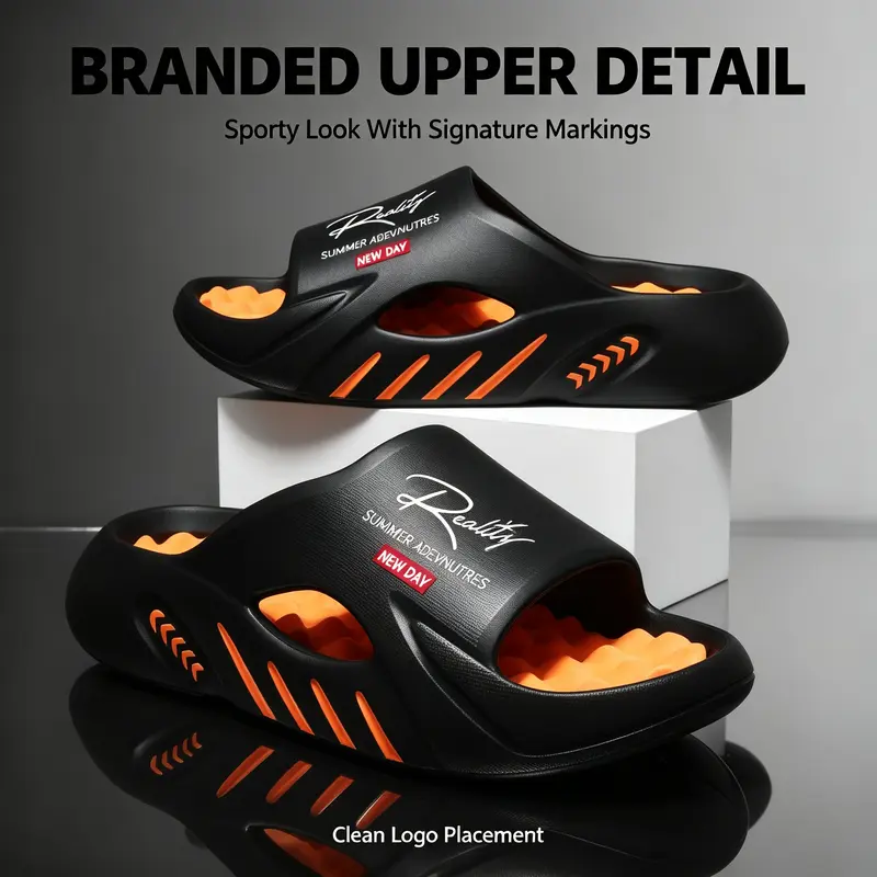 Men’s Cushioned Massage Platform Slippers - Thick EVA Hollow Out Round Toe Slip On Breathable Non-Slip Waterproof Athletic Clogs with Letter Print, Multi-Function for Indoors Summer Streetwear Recovery