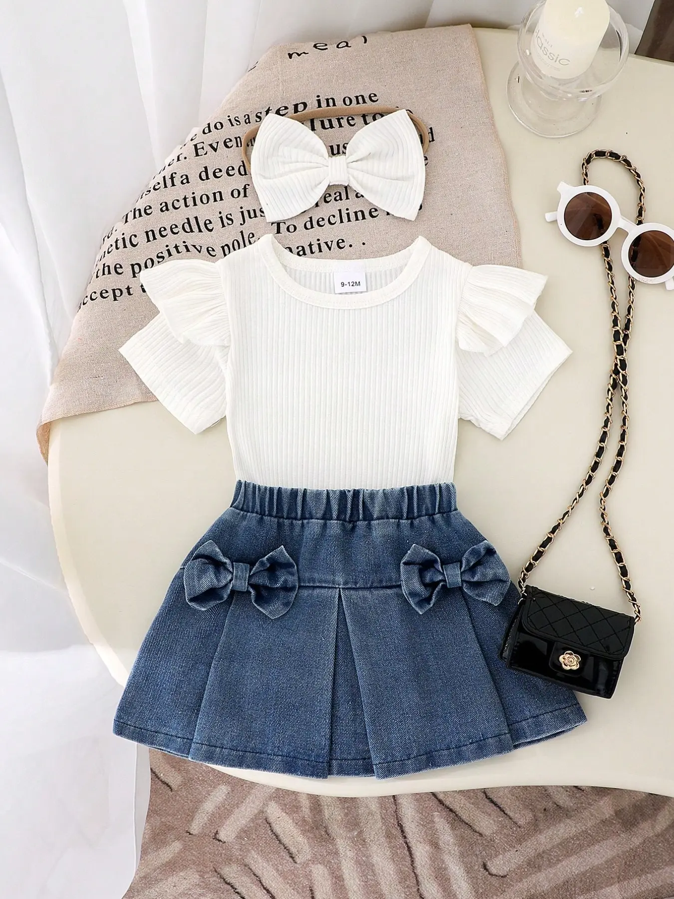 Baby Girl Fashion Simple Infant 3-Piece Set, Plain Short Sleeve T-Shirt, Bow Decorated Jeans Skirt, Elastic Waist, Hairband Included