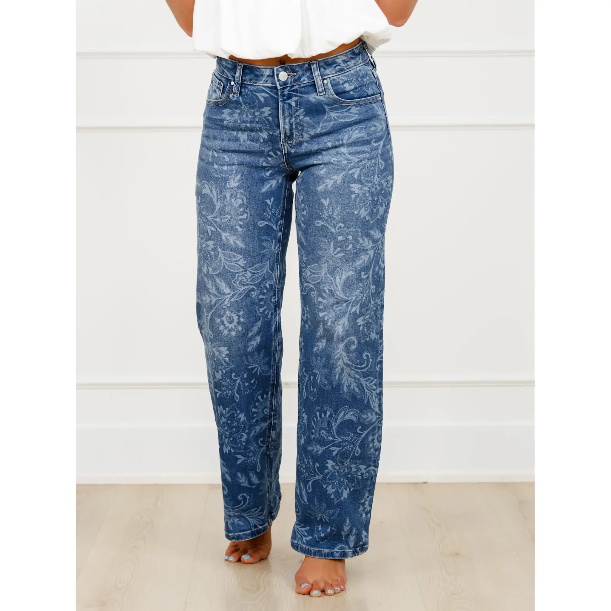 Risen Mid Rise Medium Wash Paisley Straight Leg Jeans