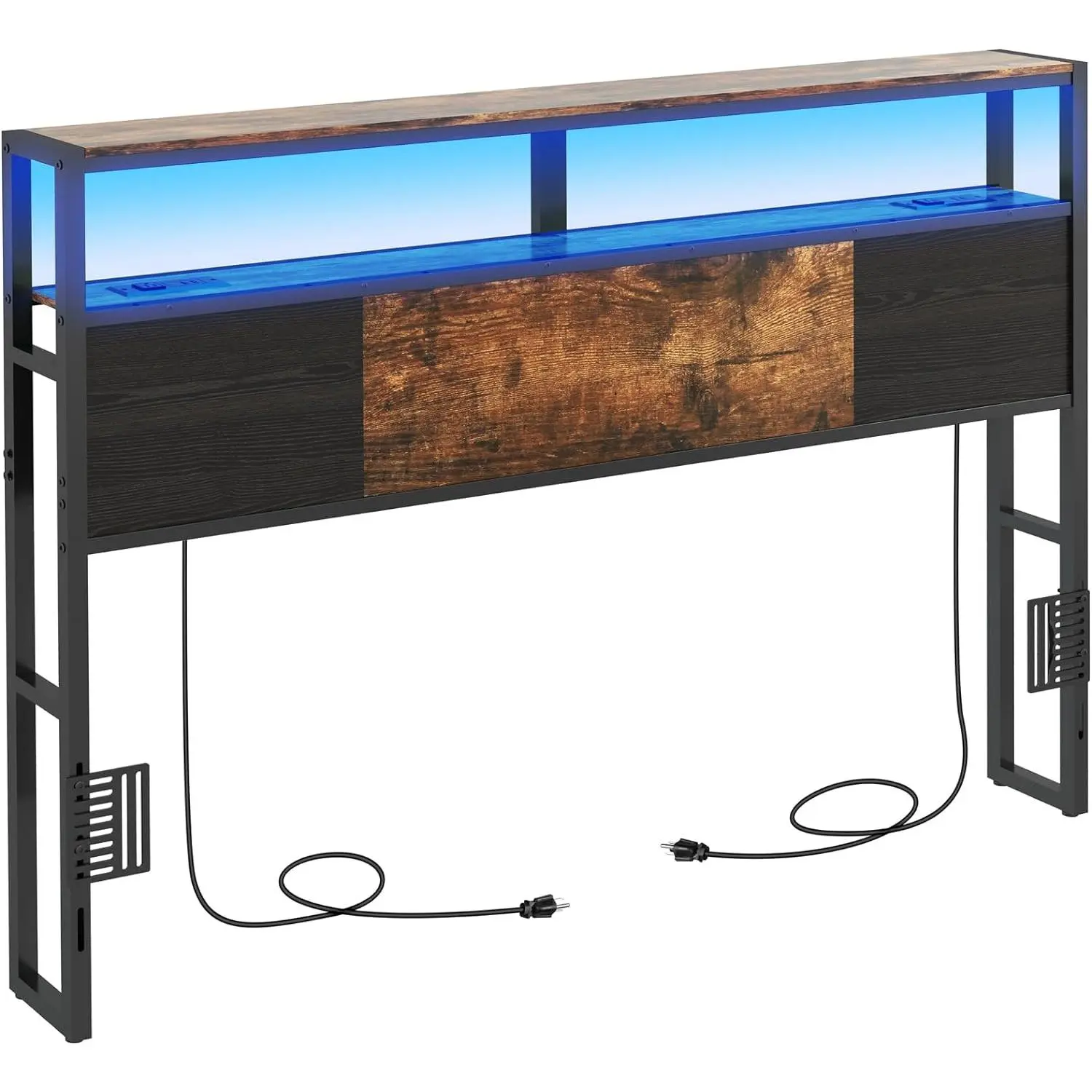 Headboard Queen Size, Headboards with Charging Station, USB Port and LED Light, Head Board with 2-Tier Storage Shelf, Adjustable Height, Easy Assembly, Sturdy and Stable, Rustic Brown