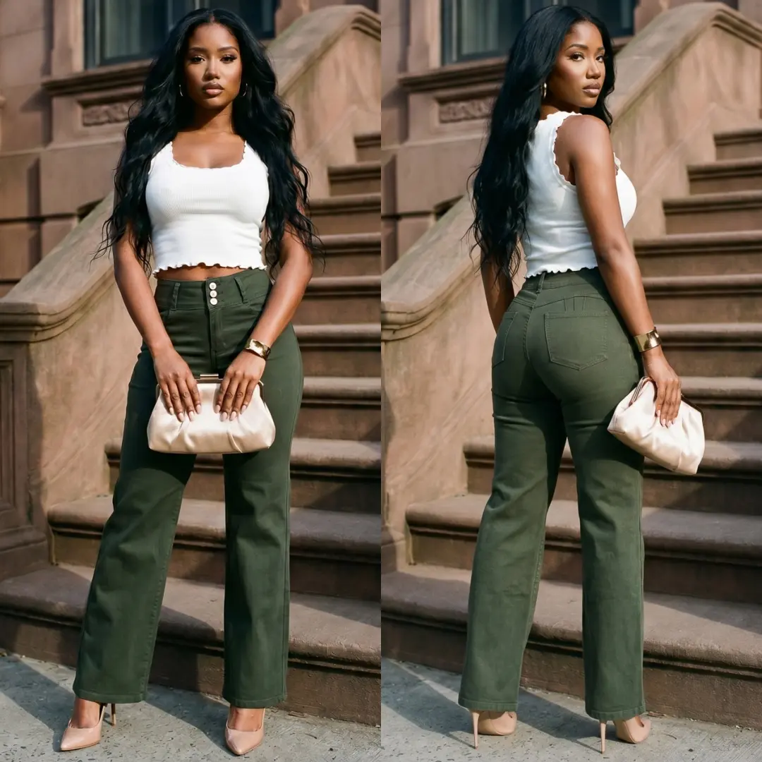 Women’s High Waist Olive Wide Leg Pants, Push Up Hyper Stretch Straight Leg Dress Pants – MX JEANS by ModaXpress