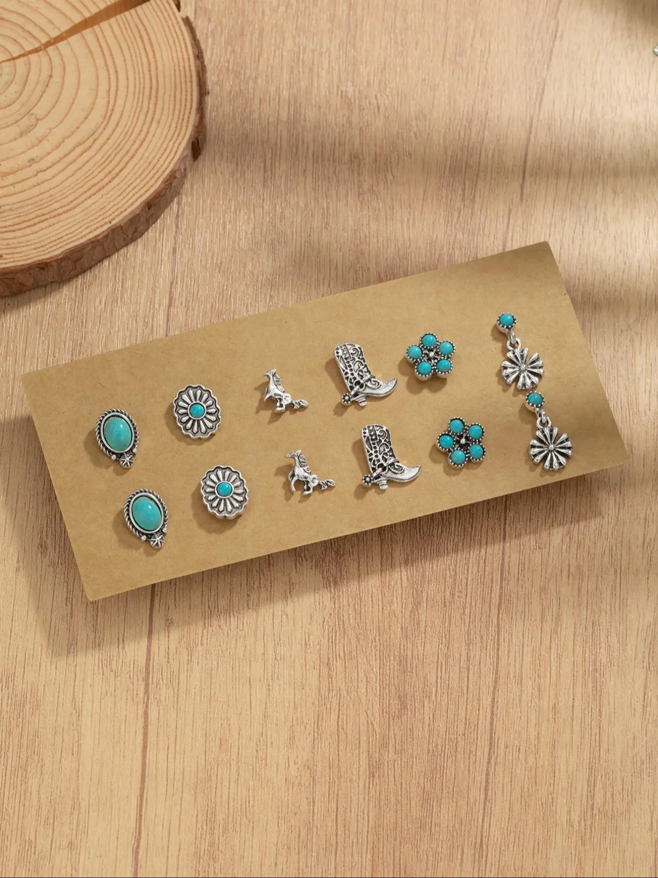 Vintage Turquoise Decor Earrings Set, Floral & Horse & Boot Design Stud Earrings, Ear Studs, Earring Stacking Set, Fashion Jewelry for Women for Party, Daily Decor, Exquisite Jewelry for Gift