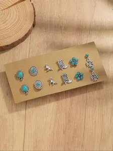 Vintage Turquoise Decor Earrings Set, Floral & Horse & Boot Design Stud Earrings, Earring Stacking Set, Fashion Jewelry for Women for Party, Daily Decor, Exquisite Jewelry for Gift