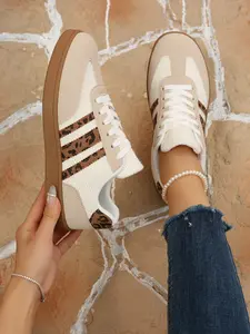 Women's Vintage Leopard Print Sneakers, Round Toe Lace-Up Casual Shoes, Trainer, Large Size Spring Summer Footwear, Versatile Boardwalk Style