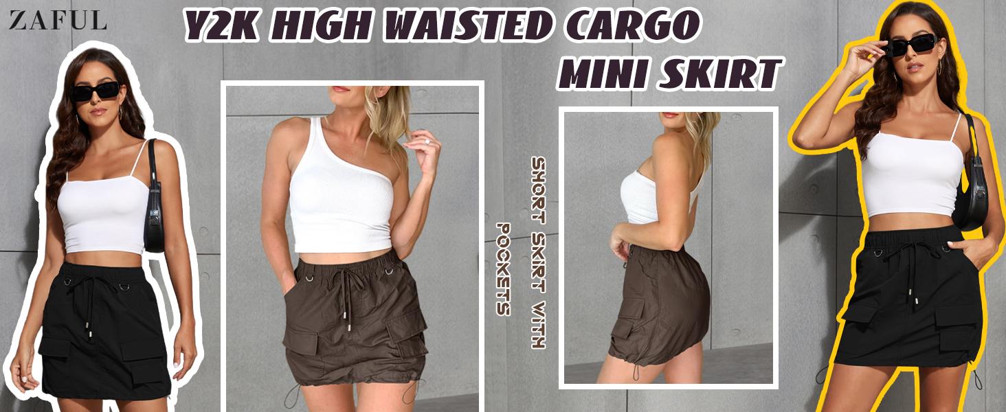 ZAFUL Women's Y2K High Waist Mini Cargo Skirt with Pockets & Side Drawstring for Casual & Trendy Outfits High-quality Fabric Soft Lightweight Comfortable All-day Wear ZAFUL Women's Y2K High Waist Mini Cargo Skirt with Pockets & Side Drawstring for Casual & Trendy Outfits High-quality Fabric Soft Lightweight Comfortable All-day Wear