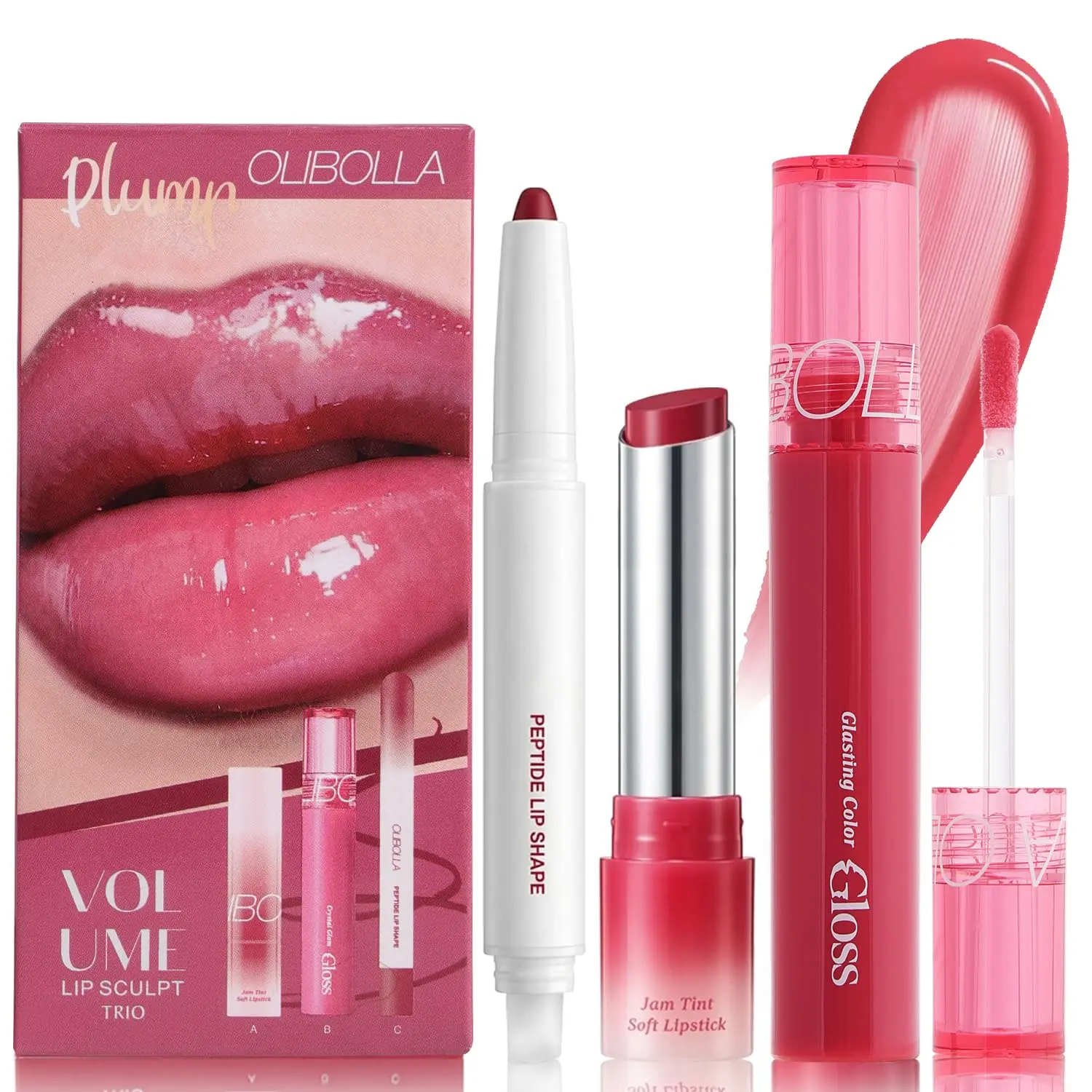 OLIBOLLA Lip Sculpt Trio, 3-Piece Cosmetic Lip Kit with Hydrating Collagen, Long-Lasting Waterproof Velvet Matte Finish, Nude Brown Gift Set for Women, 01 Cherry, Beauty Products, Gift Sets For Women, Cherry Lips Glossy Lip Care