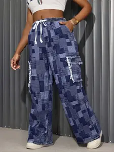 Women's Patchwork Print Denim Baggy Jeans, Casual Fashion Pocket Design for Daily Wear, Ladies Bottoms for All Seasons, Bohemian Boho Trousers, Boho Casual Pants, Boho Comfy Trousers