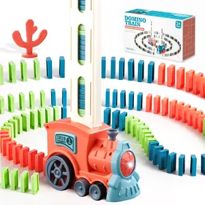 Children's game domino train toys: 60PCS automatic stacking creative games, electric domino stem Montessori toys, suitable for children's games 4-6,