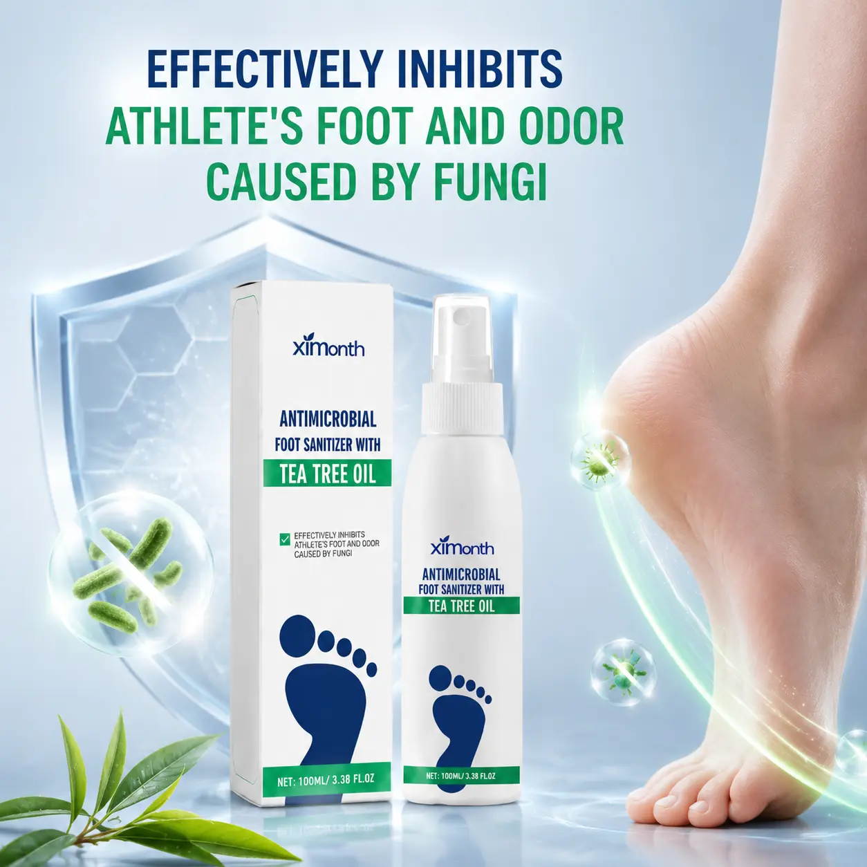 Tea Tree Oil Foot Antimicrobial Spray, Antibacterial Formula with 100ml Net Content, Hand-Free Fine Mist Spray for Gym Locker Rooms and Sealed Shoes, Travel Essentials
