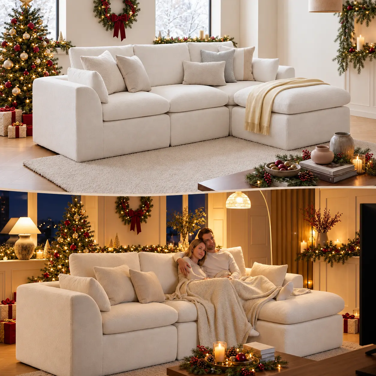 108in L-Shape Boneless Modular Fabric Sectional Sofa with Ottoman, No-Assembly Compressed Cloud Couch, Comfy Multiple-Seat Apartment Furniture for Sofas Living Room familyfun