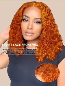 #350 Orange Ginger Deep Wave BOB Wig Human Hair 13x4x1 Lace Frontal Short Curly Ginger Orange Lace Front BOB Wigs For Black Women Human Hair Pre Plucked Wear And Go Glueless 14 Inch T Part