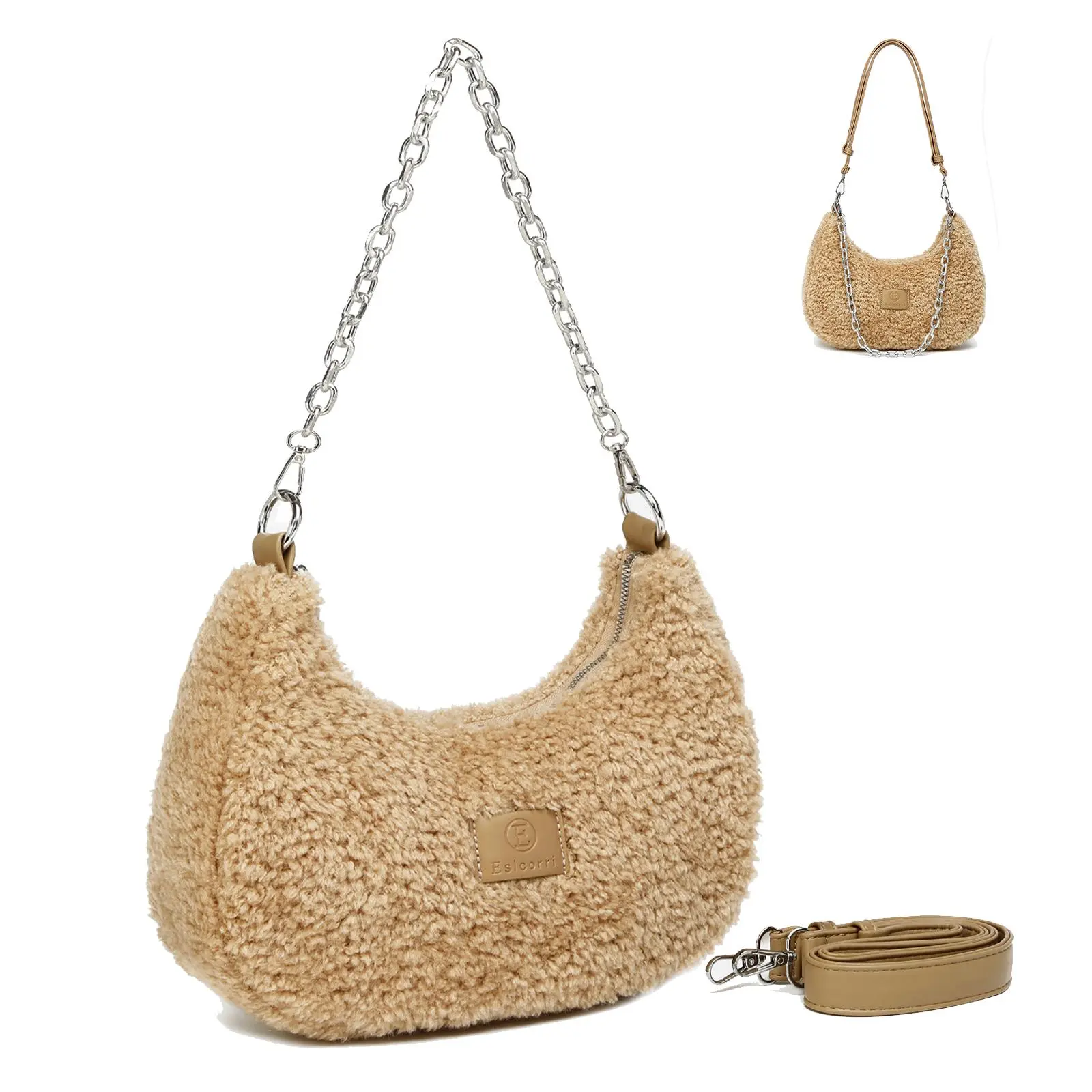 Eslcorri Fuzzy Crossbody Bag for Women – Small Hobo Shoulder Purse with Chain & Adjustable Strap, Cute Everyday Handbag
