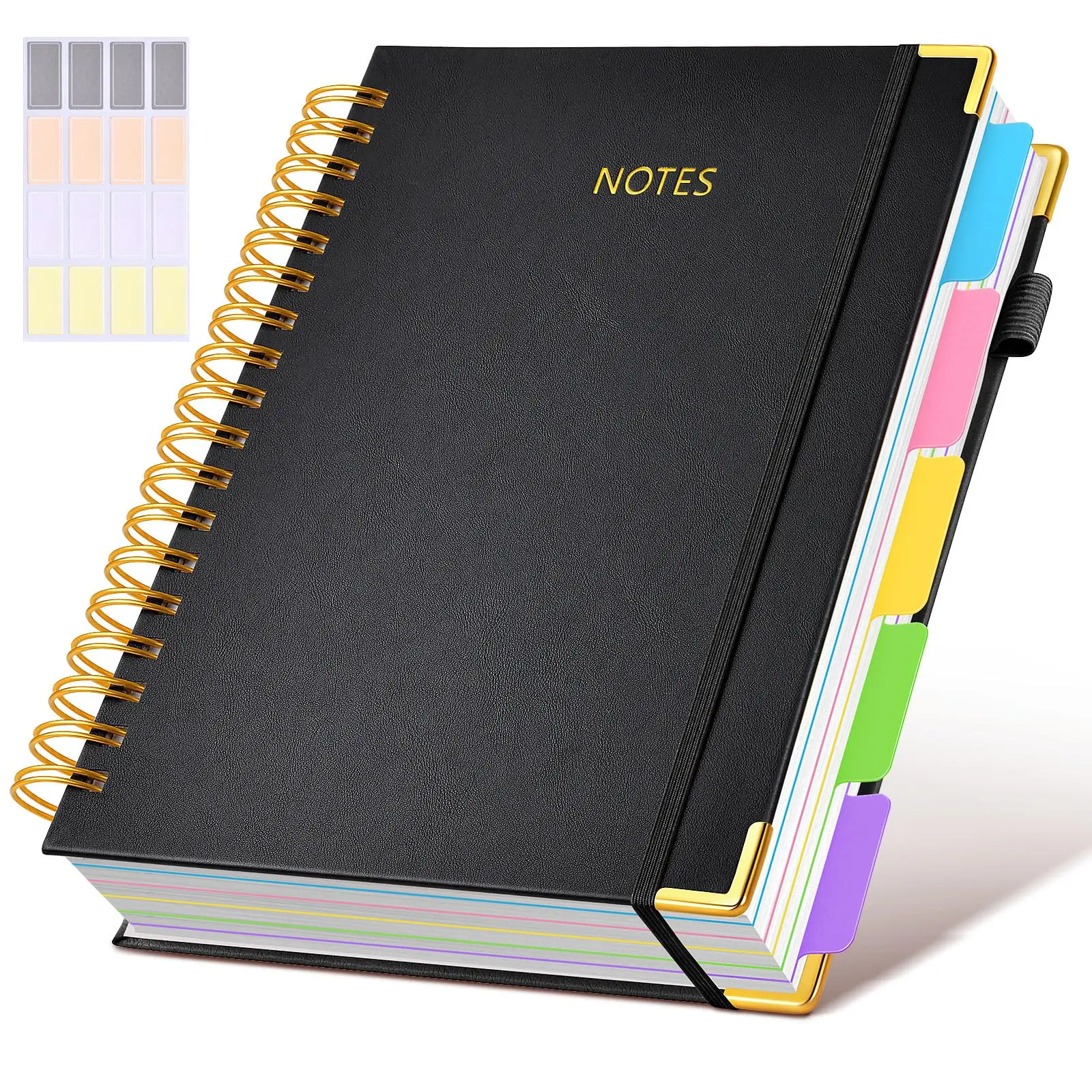Aesthetic B5 Leather Spiral Notebook, 8"x10" 300-Page 5-Subject College Ruled Hardcover Journal with Detachable Index Tabs, 5 Adjustable Dividers, 180° Lay-Flat Opening, Waterproof Cover, Gold Stamping Patterns for Back-to-School Season College Students