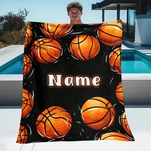 Custom Name Personalized Basketball Flannel Throw Blanket – Custom Name Print, Soft & Lightweight, Black With Orange Basketball Design, Perfect For Sofa, Bed, Travel, Camping, And Sports-Themed Rooms