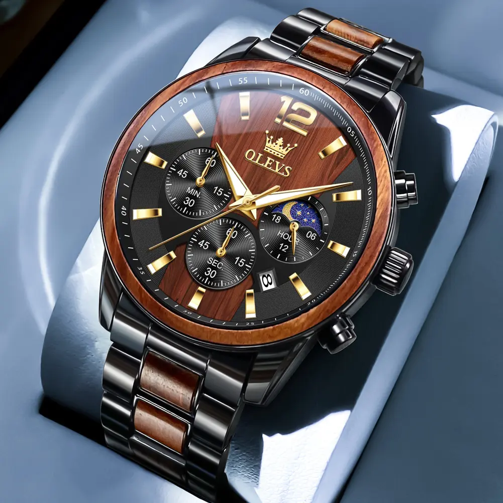 [DealsforYouDays]OLEVS Men's Luxury Quartz Watch Chronograph Moon Phase Stainless Steel Mechanical Wood Accent Wrist Watch, Luminous Waterproof Business Casual Fashion Watches for Men, Outdoors & Daily Wear SummerWins 4th of July Accessories Gift 3645