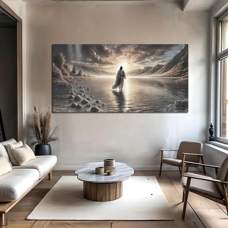 Christian   Lightweight Jesus Walking On Water Print Wall Art - Retro Minimalist Faith   Canvas   for Living Room, Church Home   Posters & Prints
