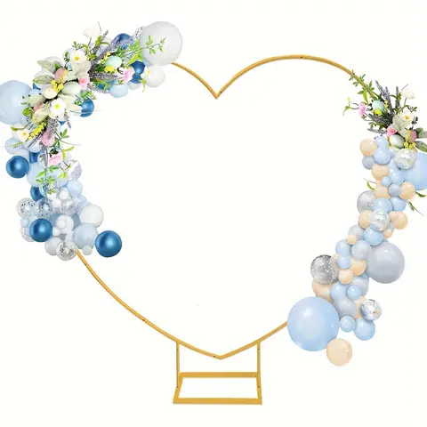 Heart-Shaped Golden Metal Decorative Arch Backdrop Stand - Wedding Arched Backdrop Frame with Anchors, Balloon Hanger, Focal Silhouette for Outdoor Weddings, Festive & Party Decoration Supplies