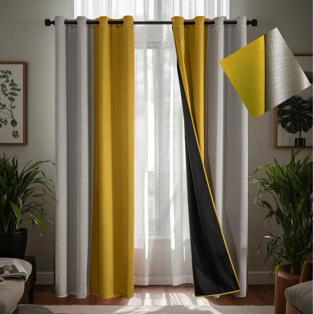 Blackout Curtains For Bedroom Grey And Mustard Yellow Patchwork Thermal Insulated Room Darkening Window Drapes Living Grommet 63 Inch Long 2 Panels
