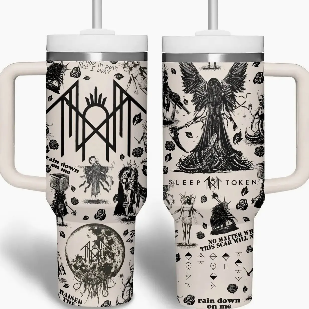 Sleep Token 40oz Tumbler with Handle - Rain Down On Me Gothic Music Merch - Vessel Fan Gift | Sacred Geometry Anti-Possession Travel Mug - Insulated Stainless Steel Cup with Straw