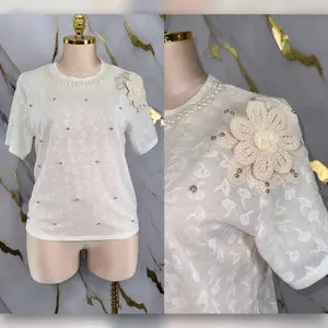 Shirt w Elegant Pearl Embellished Lace Top with Floral Applique for Women