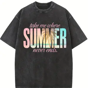 230G Washed T-Shirt for Women with a Beach Graphic, Perfect for Summer. Vintage Style Top with Coastal Aesthetic, Ideal Gift for Mother'S Day And Easter