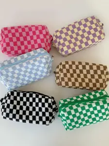 Large Capacity Knitted Plaid Makeup Bag, Colorblock V-Shape Zipper Pouch, Durable Fabric, Ideal for Toiletries, Pens, Travel Essentials