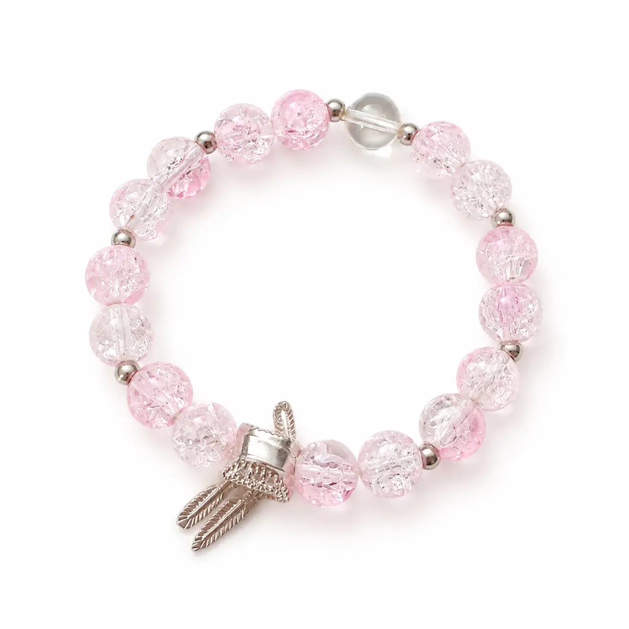 Pink Crackle Bead Stretch Bracelet with Silver-Tone Feather Charm, Sparkly Boho Beaded Wrist Jewelry for Women, Cute Everyday Accessory and Gift, Sparkle Effect, Boho Charm, Everyday Wear