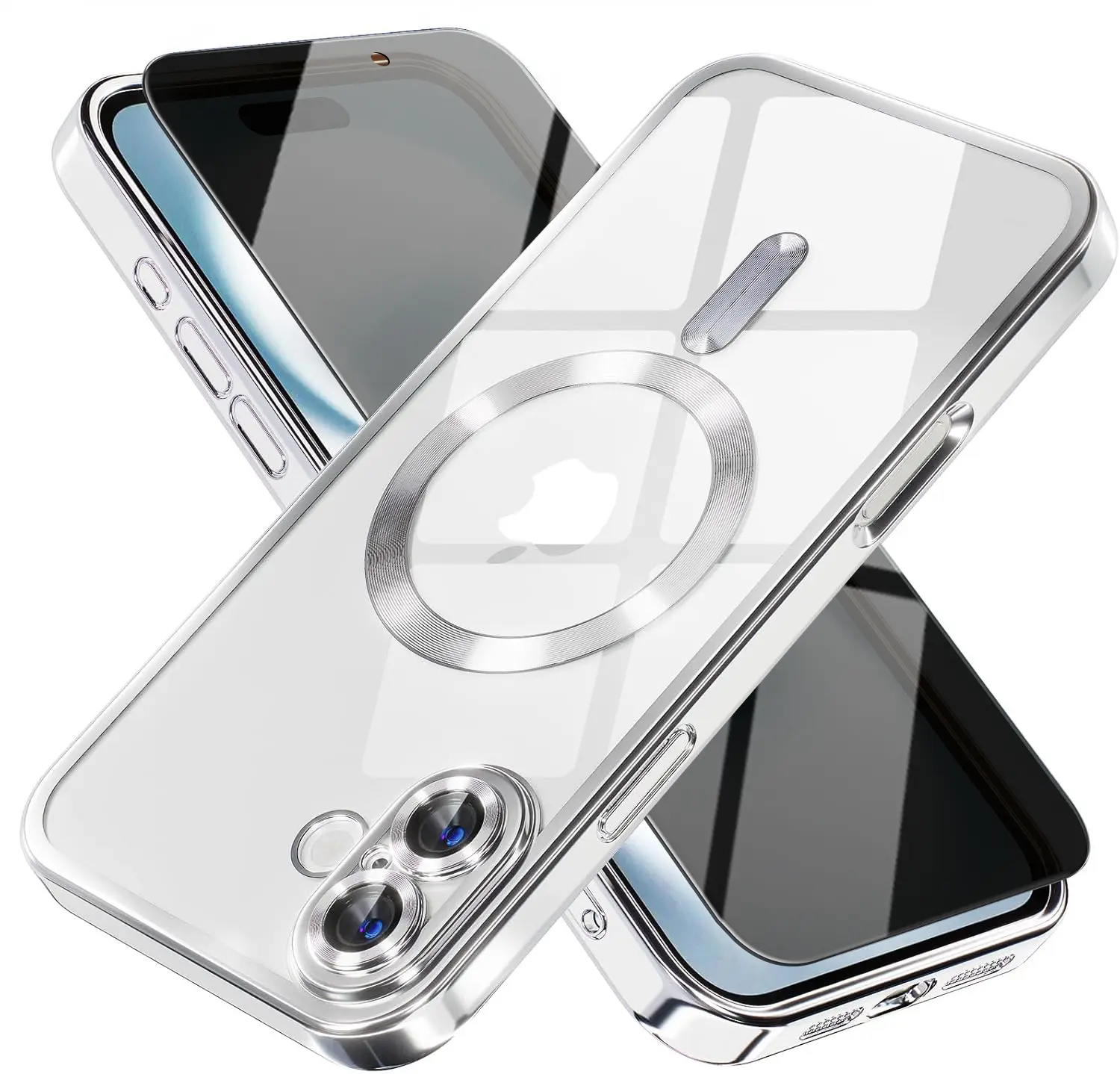 Magnetic for iPhone 16 Case with Privacy Screen Protector & Full Camera Cover,[Non-Yellowing] Shockproof Clear Soft Phone Case Compatible with MagSafe Women Girls for iPhone 16,Silver