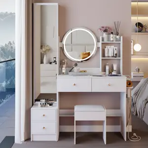 Full Body Mirror Cabinet + Round Mirror LED Vanity Table + Cushioned Stool, With 2 AC + 2 USB Power Station,17" diameter LED Mirror, Touch Control, 3-color, Brightness adjustable, Large Desktop vanity  without  let decofy  vanity vanity  set