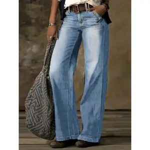 Loose Fit Washed Blue Casual Style Zipper Button Closure Denim Pants, Women's Denim Jeans & Clothing