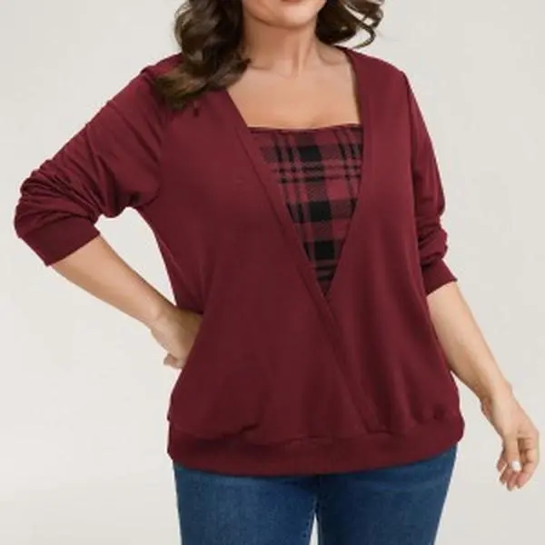BloomChic Women's Plus Size (14-16/1x) Casual Fit Plaid Spliced Long Sleeve Wrap Pullover Sweatshirt - Square Neck, Contrast Binding, Tops, Medium Stretch Moves With You, Polyester, Regular Length, Quick On, Iron On Low Heat, SohoChic