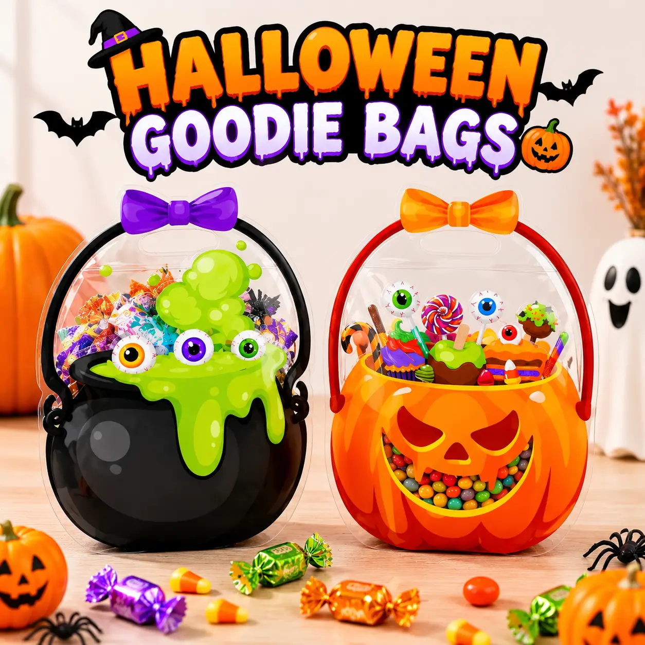 Halloween Candy Bucket for Kids, 2 Cute Styles Pumpkin & Cauldron Trick or Treat Bag with Clear Design, Durable Reusable Candy Holder Basket for Halloween Party, Costume Accessories & Sweet Treat Storage