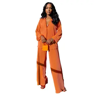 Saledress Outfits Two Piece Pleated Long Sleeve Shirt & Long Pants 2 Piece Outfits Button Down Blouse Wide Leg Pants Lounge Set comfy  sets