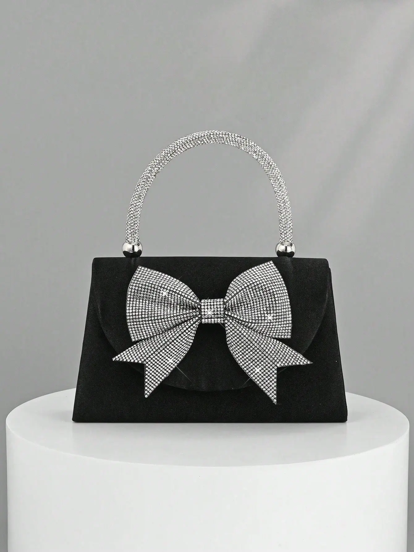 Women's European And American Fashion Black Satin Flap Clutch Evening Bag, Sparkling Elegant Bowknot Rhinestone Decor Party Handbag, Luxury Satin Formal Dress Bag, Chain Shoulder Bag Suitable For Banquet, Party, Birthday, Wedding