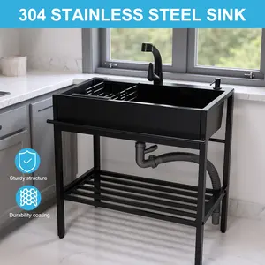 Free Standing Single Bowl Kitchen Sink with Cold and Hot Water Faucet Hoses and Drain Kit Commercial Restaurant Kitchen Sink for Kitchens Bathroom Garage
