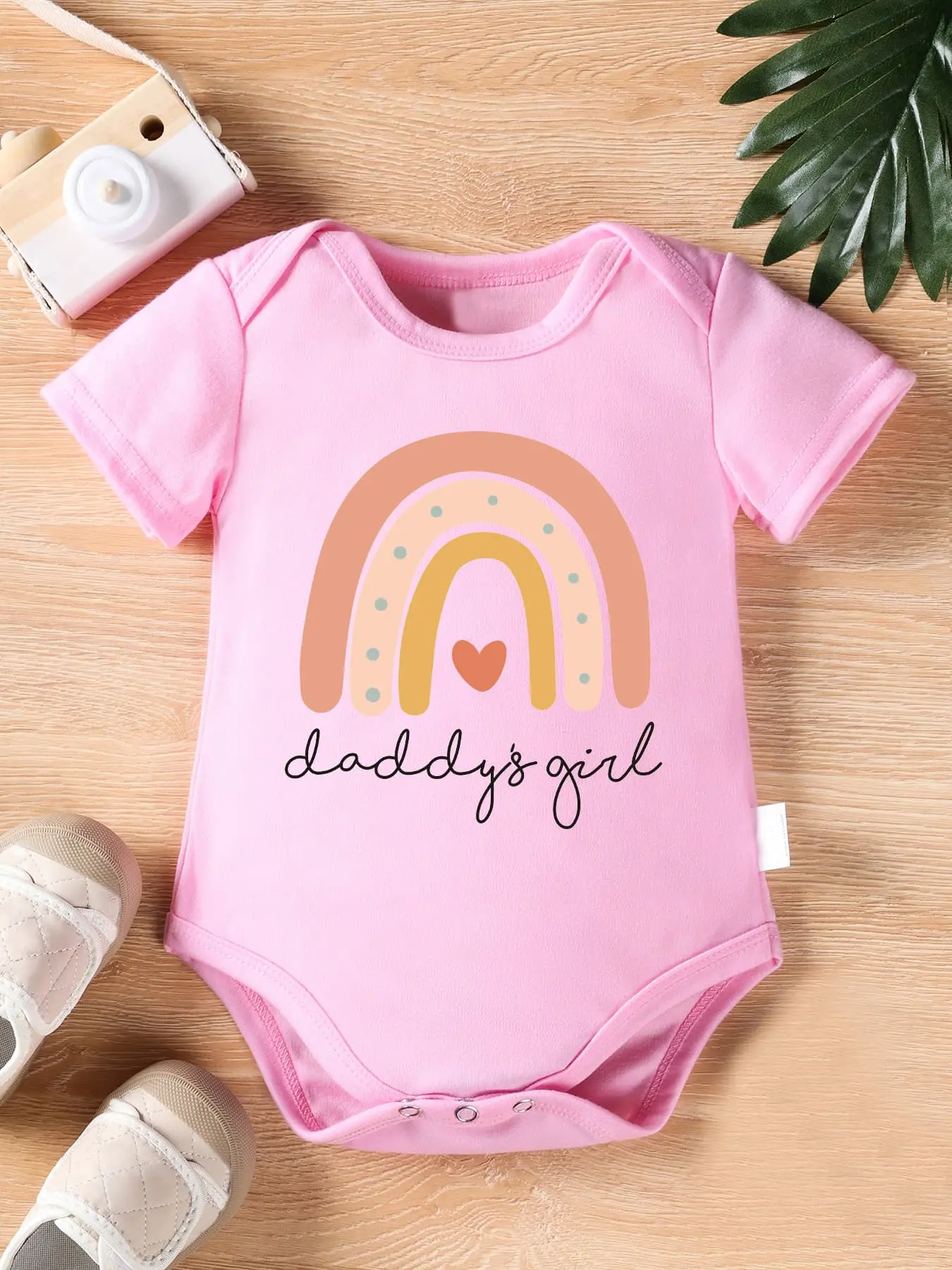 Daddy's Girl Boho Neutral Rainbow Baby Onesie Pastel Earth Tone Rainbow Heart Script Short Sleeve Cotton Pink Infant Girl Bodysuit