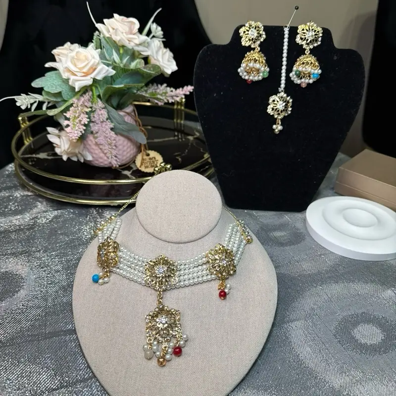 Beaded Choker with Matching Tikka & Jhumkas Simple Style Jewelry for Women Elegant Set