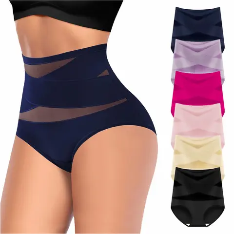 Women's High-Waist Panties，6 Pack ,Cross-Mesh Panel Underwear,Ultra Soft Comfort Fit Briefs -Womenswear lady basic minimalist Floral Lace Set for Women pant