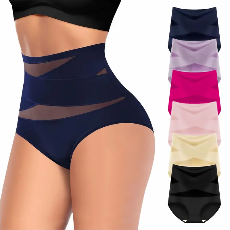 Women's High-Waist Panties,6 Pack ,Cross-Mesh Panel Underwear,Ultra Soft Comfort Fit Briefs -Womenswear lady basic minimalist Floral Lace Set for Women pant