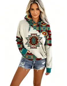 Ethnic Western Hoodie for Women, Aztec Cowgirl Rhombus Print Pullover with Soft Fabric, Drawstring Hood and Kangaroo Pocket for Casual Comfort and Relaxed Fit