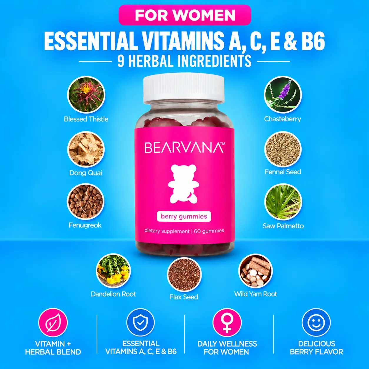 BEARVANA Women’s Daily Vitamin Gummies | Essential Vitamins A, C, E & B6 | 9 Herbal Ingredients | Berry Flavor | Daily Gummies Worth the Hype | 60 Gummies