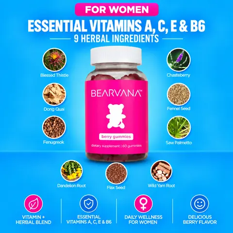BEARVANA Women’s Daily Vitamin Gummies | Essential Vitamins A, C, E & B6 | 9 Herbal Ingredients | Berry Flavor | Daily Gummies Worth the Hype | 60 Gummies