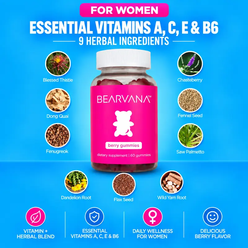 BEARVANA Women’s Daily Vitamin Gummies | Essential Vitamins A, C, E & B6 | 9 Herbal Ingredients | Berry Flavor | Daily Gummies Worth the Hype | 60 Gummies