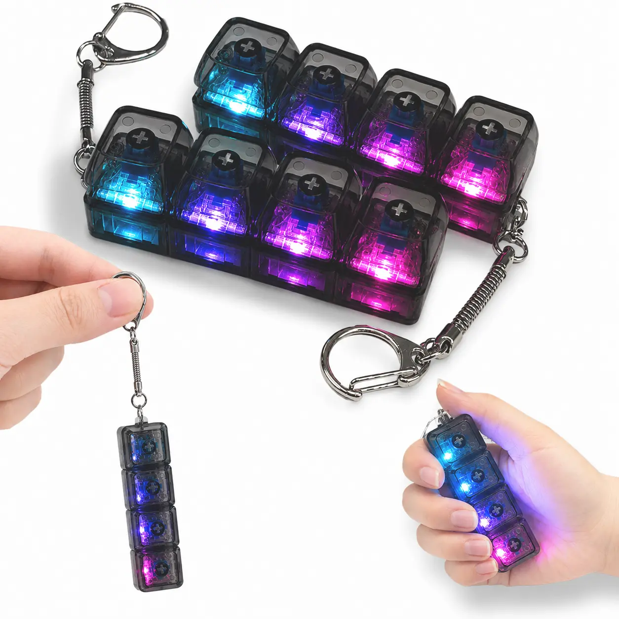 Glowing Keyboard Fidget Keychain, 4-In-1 Multifunctional Decompression Button, Stress Relief Fidget Gift, Transparent Color