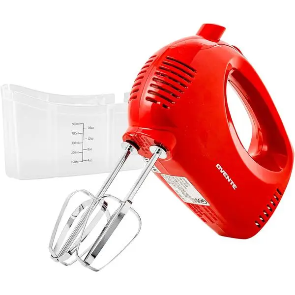 OVENTE 5-Speed Electric Hand Mixer with Storage Case,150W, Red HM151R | Stainless Steel Whisks, Compact Portable Design, Lightweight Handheld Mixer for Baking & Cooking