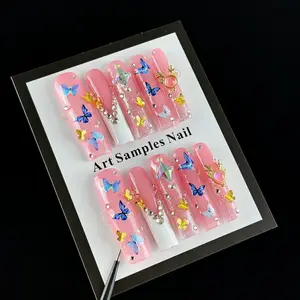 10pcs Vintage heavy-duty style, hand-painted butterfly, dazzling cluster of diamonds handmade fake nails, Glitter nails, Nail Art Design, Nail stickers suitable for friends' birthday parties, Valentine's Day activities