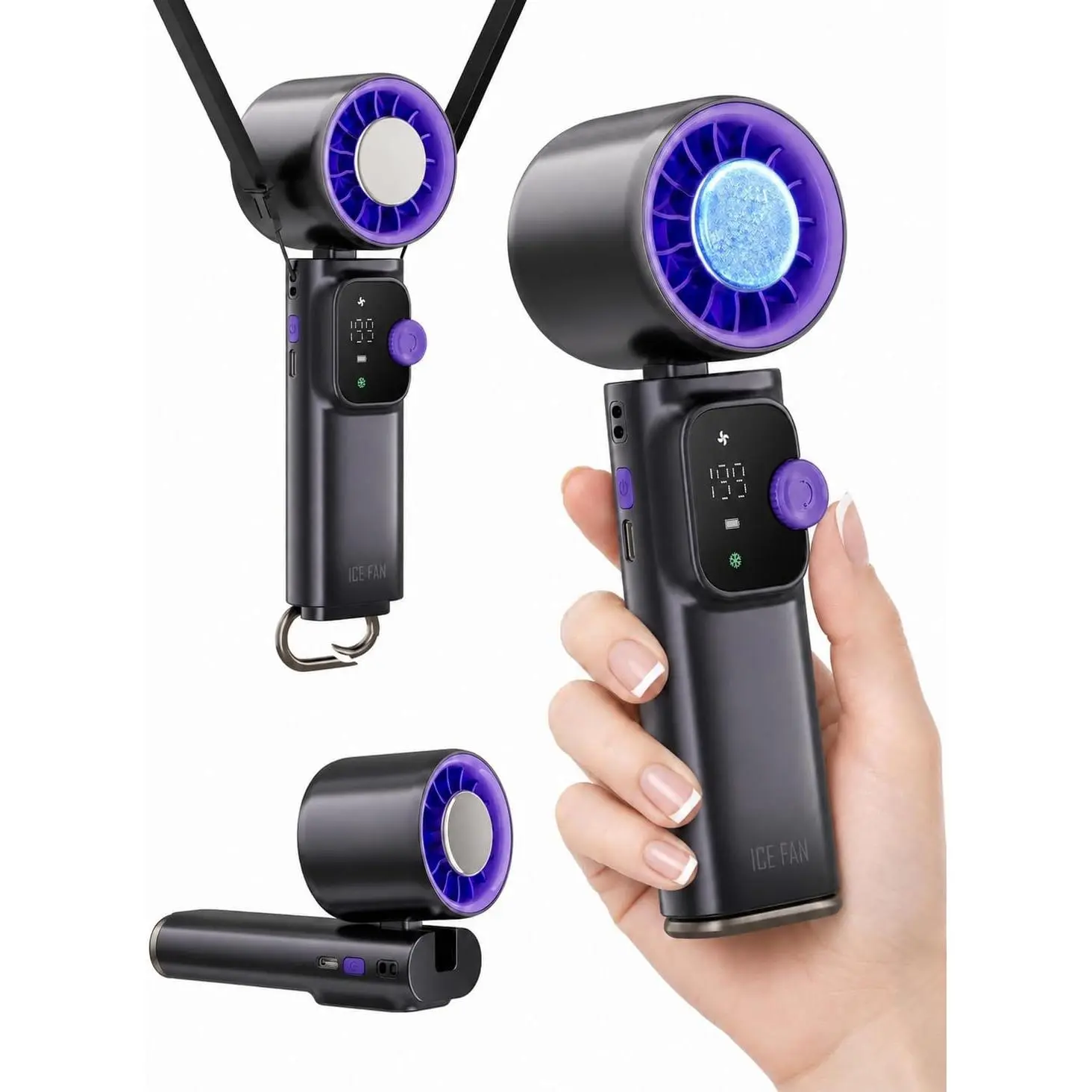 1 Piece 3-in-1 Built-in Portable Handheld Ice Cooling Fan with Hook Attachment, 199-Speed Turbo Motor, 4000mAh Type-C Fastcharging Battery Life, USB-Compatible, Mobile Personal Cooling Device for Travel, Household Use, Built-In Portable Fans