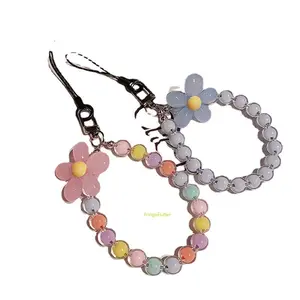 Macaron Colored Bead-within-a-Bead Phone Lanyard, Handmade Floral Beaded Wrist Strap, Stylish Bohemian Phone Chain Charm for Daily Outfit Decoration