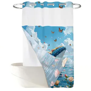 1PC 2D Flat Healing Shell Starfish Beach Shower Curtain, Clear Sea Water Design, Waterproof Detachable Liner Bathroom Curtain (No Hooks)
