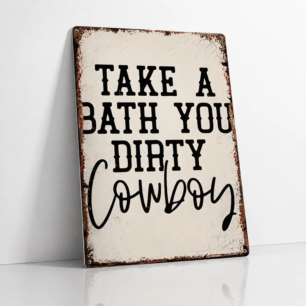 Vintage Metal Western Cowboy Bathroom Tin Sign, Take A Bath You Dirty Cowboy Rustic White Wall Plaque, Funny Western Decor for Bathroom Powder Room, Cowboy Lover Housewarming Gift Easy to Hang 8x12 Inch